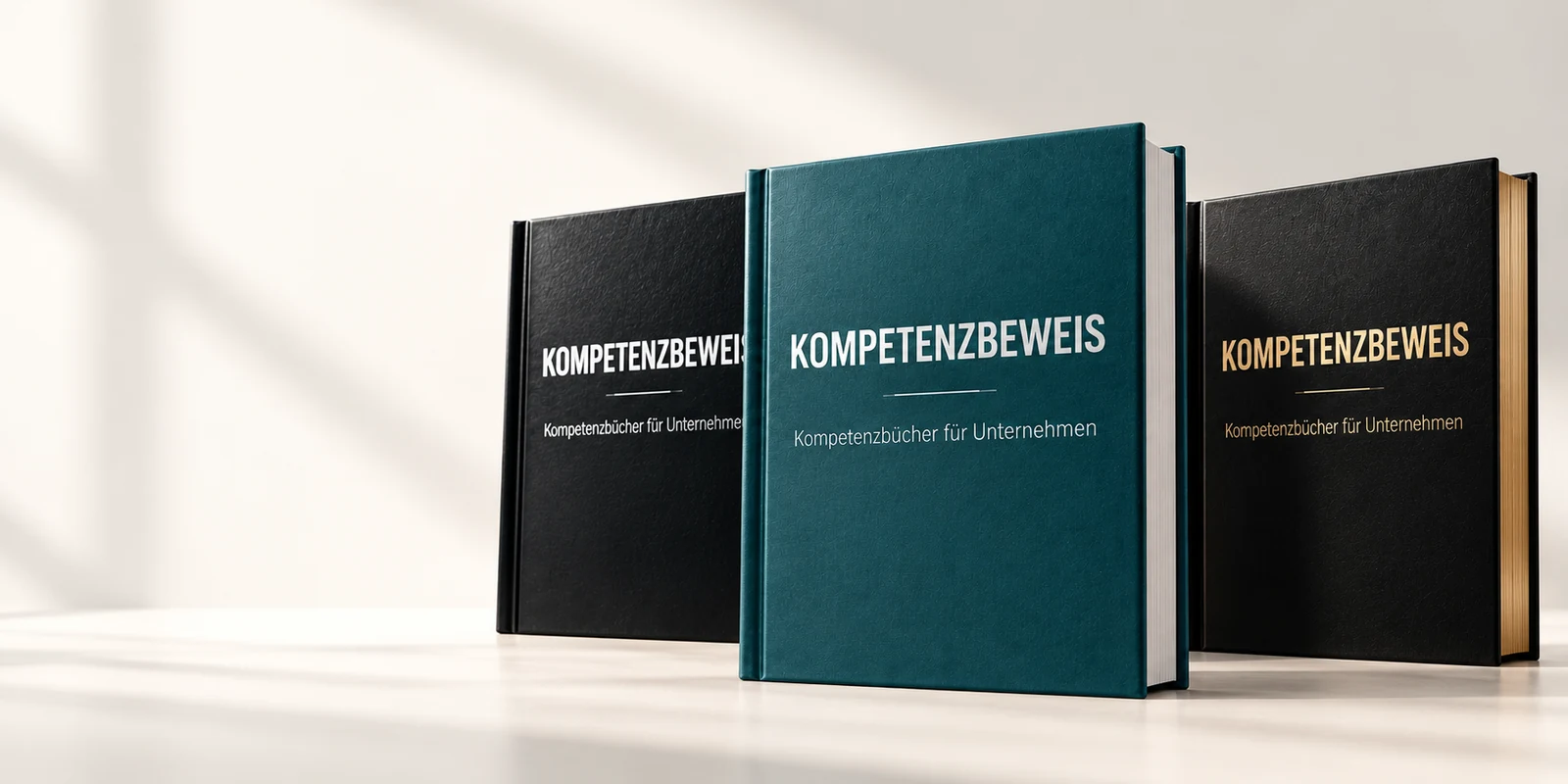 Drei hochwertige KOMPETENZBEWEIS-Hardcover in Petrol, Schwarz-Weiß und Schwarz-Gold